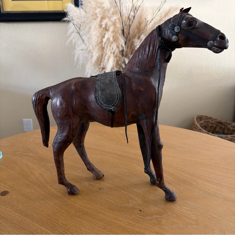 Vintage Hand Carved Wooden Horse w/ Leather Saddle Bridle Folk Art 16”